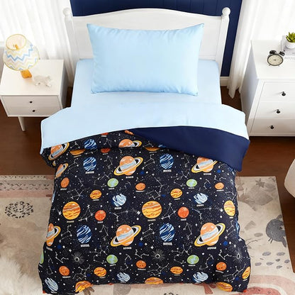 Toddler Bedding Set - 4 Pieces Toddler Comforter Set for Kids Boys, Glow in The Dark Space Bed in A Bag with Sheets