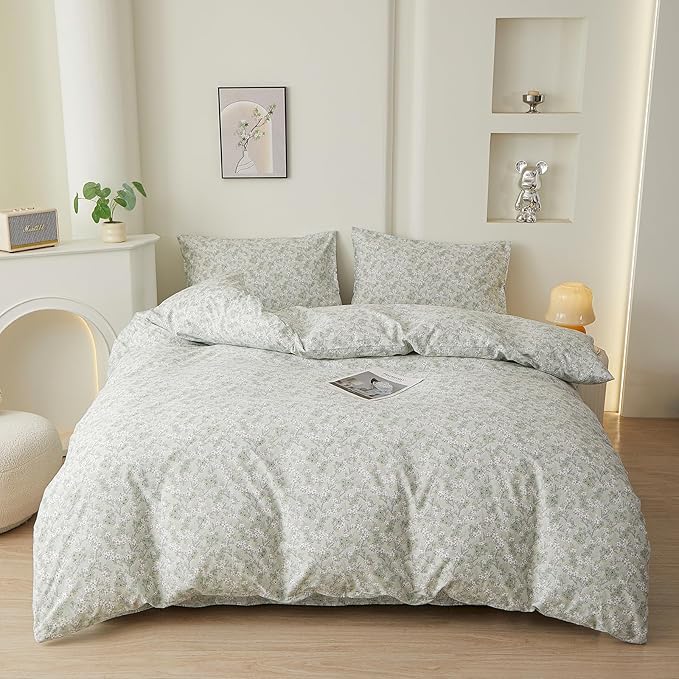 VM VOUGEMARKET Twin Duvet Cover Set with Green Flower Pattern,Pure Cotton Bedding Set Vintage Floral Prints Comforter Cover Conquette Cottagecore Bedding for Teen Girls