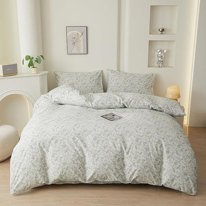 VM VOUGEMARKET Twin Duvet Cover Set with Green Flower Pattern,Pure Cotton Bedding Set Vintage Floral Prints Comforter Cover Conquette Cottagecore Bedding for Teen Girls