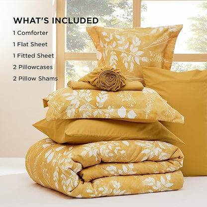 Bedsure King Size Comforter Set - 7 Pieces Floral Yellow Soft Bedding Sets, King Bed in a Bag with Botanical Flowers Comforter, Sheets, Pillowcases & Shams