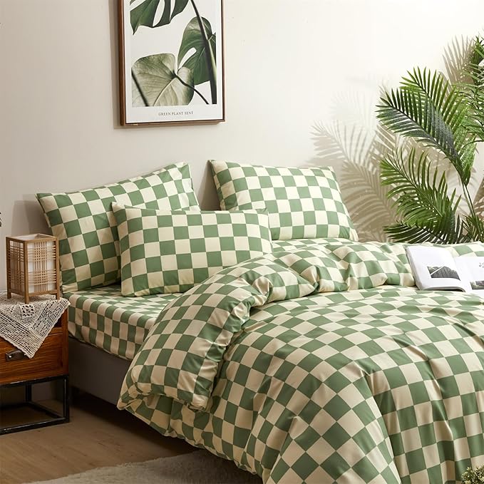 Houseri Sage Green White Plaid Comforter Full Size Light Green Bedding Comforter Sets for Teen Boys Girls Full Grass Green and Beige Buffalo Plaid Comforters Checkerboard Gingham Dorm Bedding Set Full
