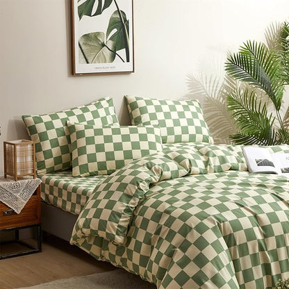 Houseri Green and White Comforter Set Queen Plaid Sage Green Buffalo Checkered Bedding Comforters Queen Size for Girls Boys Checkerboard Light Green Grid Comforter Women Men Gingham Bedding Sets Queen