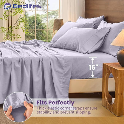 Bedlifes 100% French Pure Linen Sheets Queen Size Breathable and Cooling Flax Sheet Set Soft Durable and Moisture Wicking 16 Inch Deep Pocket-4 Piece(Queen,Lavender)