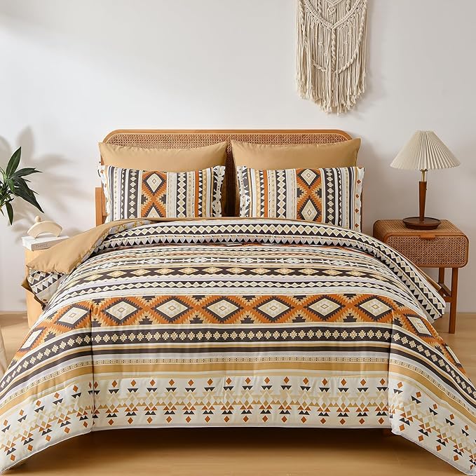 Dinjoy Comforter Set Queen Size Boho,Yellow Brown 7 Pieces Bed in a Bag Queen Fall Bedding Sets Aztec Comforters with Sheets Western Striped Complete Set for Winter Family 90"x90"