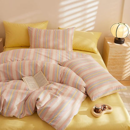 EAVD Retro Striped Comforter Set Twin XL Multicolor Soft 100% Washed Cotton Chic Colorful Striped Bedding Set with 2 Pillowcases Reversible Farmhouse Geometric Pattern Comforter Set for All-Season
