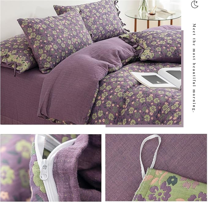 VM VOUGEMARKET Violet Duvet Cover King Double Gauze Cotton Farmhouse Jacquard Green Floral Duvet Cover with 2 Bowknot Pillowcases Rustic Style, Breathable for a Cozy Home Atmosphere