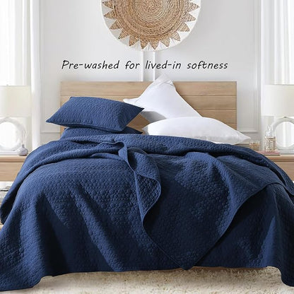 HORIMOTE HOME Quilt Set Twin Size Navy Blue, Classic Geometric Spots Stitched Pattern, Pre-Washed Microfiber Chic Rustic Look, Ultra Soft Lightweight Quilted Bedspread for All Season, 2 Pieces
