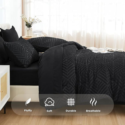 Andency Super King Plus Comforter Set with Sheets Black - 7 Pieces Bed in a Bag Oversized King Boho Lightweight Fluffy Tufted Bedding Sets with Comforter, Sheets, Pillowcases & Shams