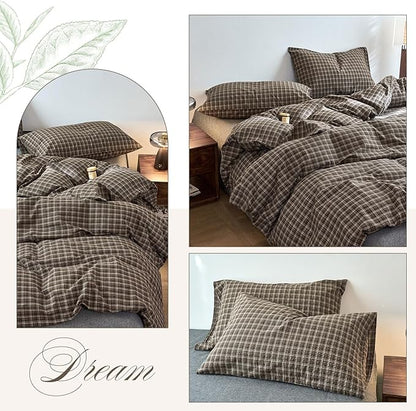 EAVD Vintage Style Dark Grey Gingham Plaid Duvet Cover King 100% Washed Cotton Like Linen Feel Soft 3-Piece Grid Plaid Bedding Set with 2 Pillowcases Reversible Geometric Duvet Cover with Zipper