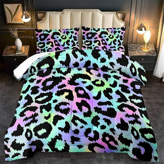 Rainbow Leopard Print Comforter Set King Girls Colorful Cheetah Comforter King Animal Leopard Print Bedding Set Women Purple Cheetah Bedding Quilt Bedroom Decor