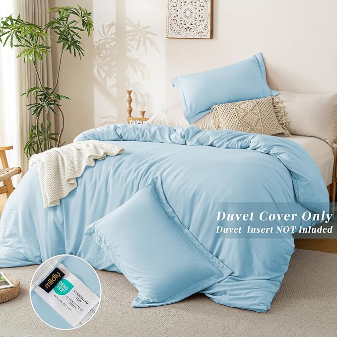 MILDLY Super Soft Duvet Cover - 100% Washed Microfiber Cool Blue Comforter Cover Set 3 Pieces with Zipper Closure & Corner Ties (No Comforter)