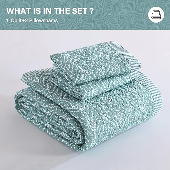 SahSahCasa Quilt Set King Size, 100% Cotton Quilt Bedding Set Bedspread, Botanical Pattern Solid Color Chic Lightweight Quilted Comforter for King Bed, White/Teal, All Season, 3 Pieces