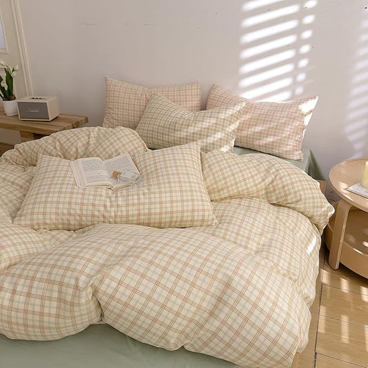 100% Cotton Muslin Duvet Cover King Vintage Beige Plaid Duvet Cover Linen Like Textured Breathable Gauze Comforter Cover with 2 Pillowcases Brown Green Grid Farmhouse Checkered Gingham Bedding Set