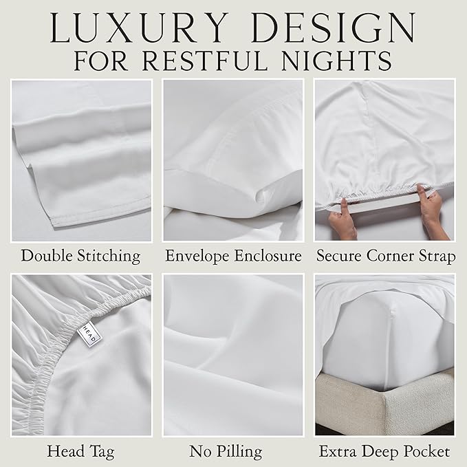 KARISSA MAE Cooling Bamboo Viscose 34" Split Top King Sheet Set | 100% FSC Certified | 18” Deep Pocket | Silky, Soft, & Hypoallergenic | with Organizer Band & Elastic Corner Straps [White]