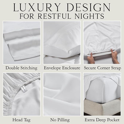 KARISSA MAE Cooling Bamboo Viscose Cal King Sheet Set | 100% FSC Certified | 18” Deep Pocket | Silky, Soft, & Hypoallergenic | with Organizer Band & Elastic Corner Straps [White]