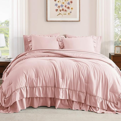 Queen Comforter Set Soft Pink, Ruffle Shabby Chic Bedding Set Farmhouse 7 Pieces, All Season Fluffy Bed in a Bag with Sheets, Pillowcases & Shams