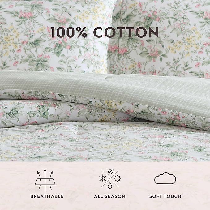 Laura Ashley - Twin Comforter Set, Super Soft Cotton Bedding with Matching Sham, Botanical Design, Vintage Bed Essentials (Bramble Floral Pink, Twin)