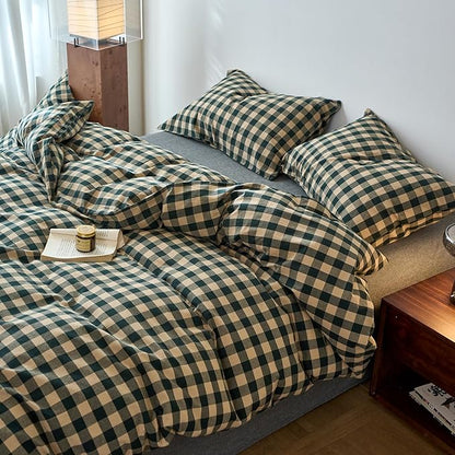 EAVD Vintage Style Beige&Green Plaid Duvet Cover Set Queen 100% Washed Cotton Like Linen Feel Soft Grid Checkered Bedding Set with 2 Pillowcases Farmhouse Geometric Pattern Duvet Cover with Zipper