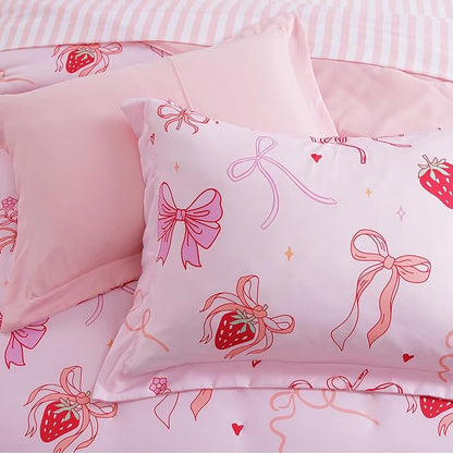 Twin Comforter Set for Girls-5 Pieces Pink Bow Twin Bedding Sets for Kids, Ultra Soft Bed in A Bag with Sheets