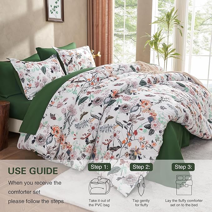 7 Piece Queen Comforter Set, Green Butterfly Floral Comforter Set with Flowers Leaves Pattern, Soft Microfiber Complete Bedding Set for All Season(Dark Green, Queen)