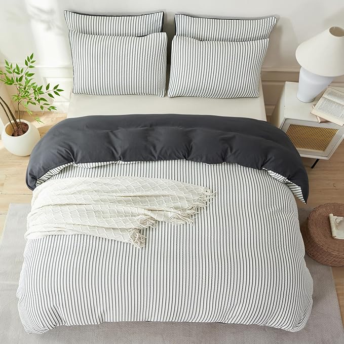 Dark Grey Comforter Set King Soft Luxury Washed Microfiber Jacquard 3 Pieces Bedding, White Grey Vertical Ticking Stripes Pattern Comforter with 2 Pillowcases Breathable Durable Comfy
