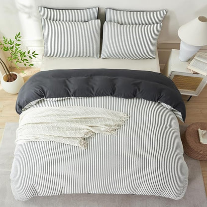 Dark Grey Comforter Set Queen Striped Washed Microfiber 3 Pieces Jacquard Bedding, White & Grey Vertical Ticking Stripes Comforter with 2 Pillowcases, Luxury Soft Breathable Durable Comfy
