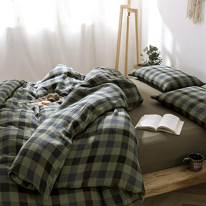 VM VOUGEMARKET Cotton Muslin Duvet Cover Queen Amy Green Plaid Bedding Set Soft Breathable Linen Like Gauze Comforter Cover with Zipper Closure for Teen Men,90"x90"