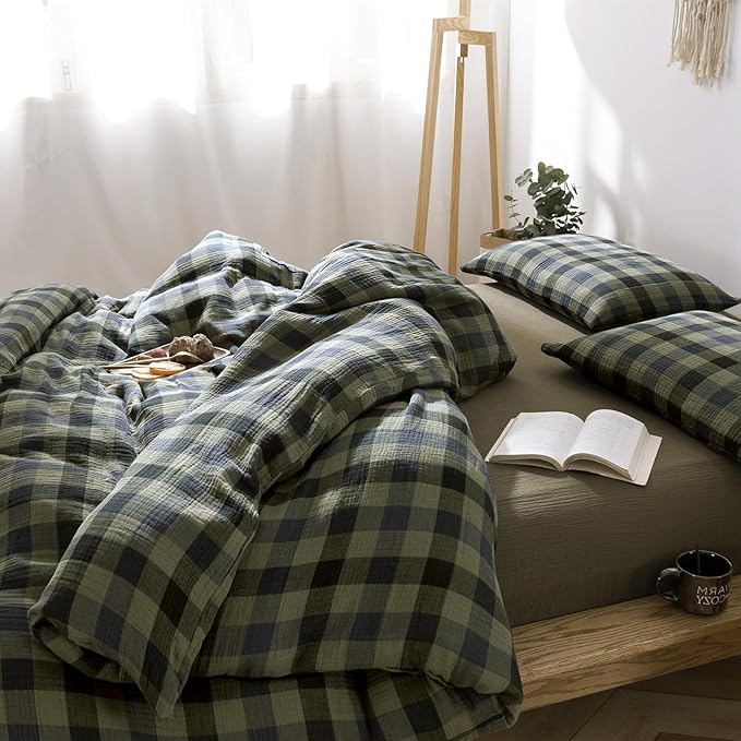 VM VOUGEMARKET Green Navy Plaid Duvet Cover King Muslin Cotton Bedding Set Soft Breathable Linen Like 3-Layer Gauze Comforter Cover with Zipper Closure for Adults-3 Pieces,104"x90"