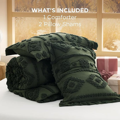 Bedsure Boho Tufted Green Comforter Set Queen Size, GentleSoft™ 3 Pieces Boho Farmhouse Decor Bedding, Exquisite Shabby Chic Bedding for All Seasons, 1 Bed Comforter, 2 Pillow Shams, 90x90 Inches