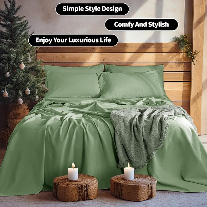 LBRO2M 100% Pure Linen Sheet Set Deep Pocket Up to 16" Bed Sheets Sets, Natural Flax Beddings Soft, Breathable, Comfortable for All Seasons 6 Pcs Sheet Set Full Size, Green