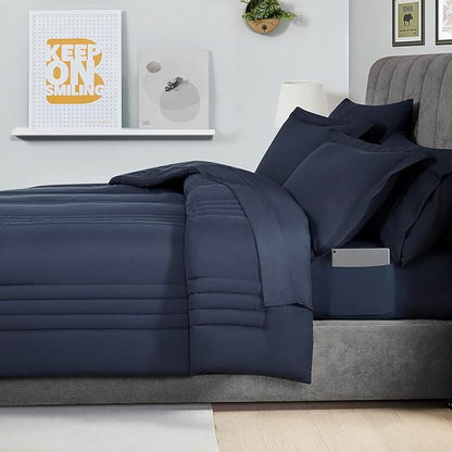 Full Size Comforter Set Quilted Stripe Bedding Bundle – Comforter, Mattress Protector, Sheets with Pockets on the Side & Built-in Corner Strap – Fitted Sheet Media Pocket for Devices, Navy Blue