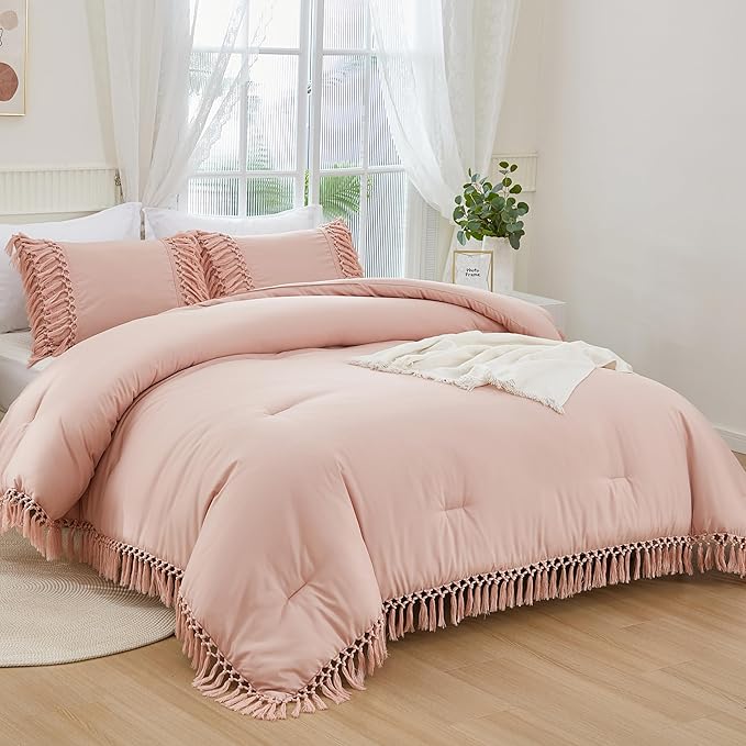 Andency Pink Comforter Set King, 3 Pieces Boho Tassel Lightweight Soft Bedding Comforter Sets for King Bed, All Season Fluffy Fringe Bed Set (104x90In Comforter & 2 Pillowcases)