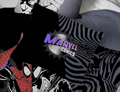 Jay Franco Kids Comforter Set Includes Sheets and Pillow Covers - Soft and Cozy Bed Set for Stylish Room Decor, Black - Marvel Comics, 7 Piece Full Size Bedding