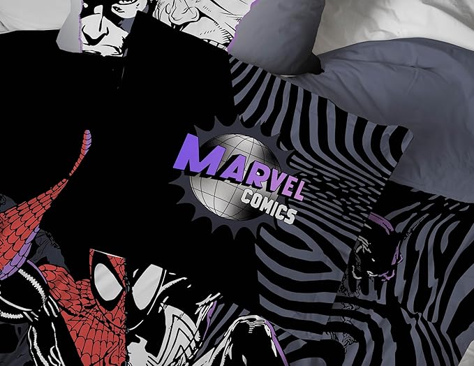 Jay Franco Kids Comforter Set Includes Sheets and Pillow Covers - Soft and Cozy Bed Set for Stylish Room Decor, Black - Marvel Comics, 7 Piece Queen Size Bedding