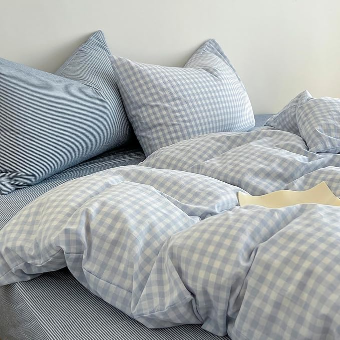Blue Gingham Duvet Cover Twin Washed Cotton Boho Comforter Cover Twin Cute Soft Plaid Chic Duvet Cover Set with Hidden Zipper Coquette Farmhouse Bedding Set Aesthetic Duvet Protector