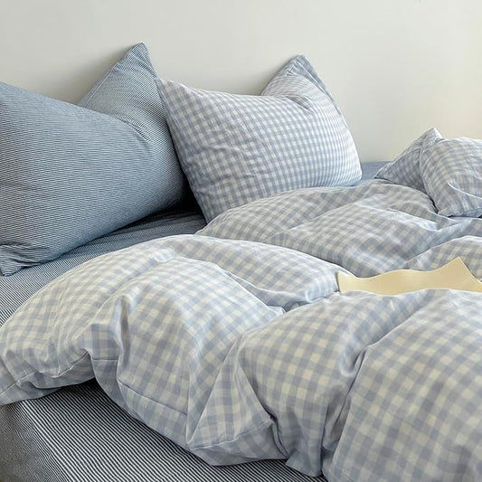 Blue Gingham Duvet Cover Twin Washed Cotton Boho Comforter Cover Twin Cute Soft Plaid Chic Duvet Cover Set with Hidden Zipper Coquette Farmhouse Bedding Set Aesthetic Duvet Protector