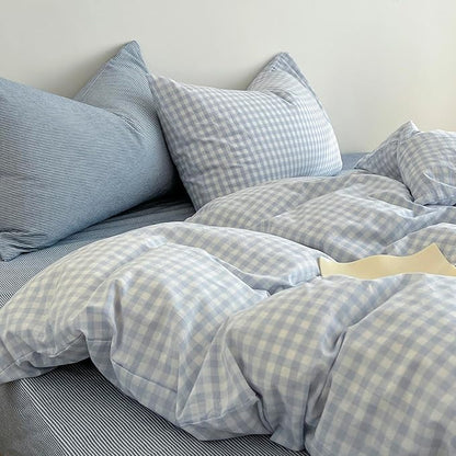 Blue Gingham Duvet Cover Queen Size Washed Cotton Boho Queen Comforter Cover Cute Soft Plaid Chic Duvet Cover Set with Hidden Zipper Coquette Farmhouse Bedding Set Aesthetic Duvet Protector