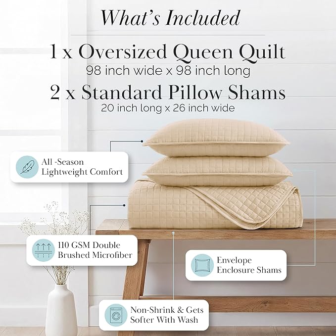 Southshore Fine Living, Inc. Quilts, Full/Queen Size Quilt Bedding Set, Easy Care Stain & Pet Hair Resistant Bedding, Coverlet Queen Size/Full Size Beige Bedspread with 2 Pillow Shams, Soft Sand