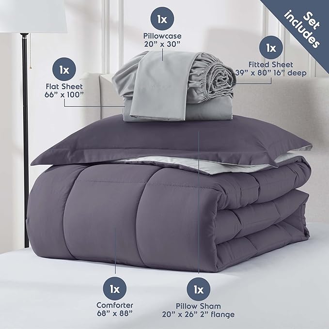 Nestl 5 Piece Twin XL Comforter Set – Grayish Purple Reversible Bed in a Bag – Complete Twin XL Size Bedding Set with Sheets, Pillowcase and Sham