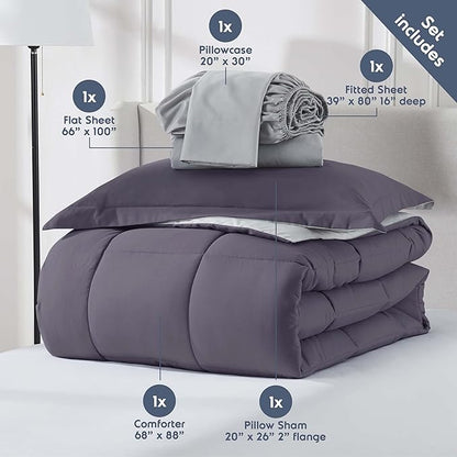 Nestl 5 Piece Twin XL Comforter Set – Grayish Purple Reversible Bed in a Bag – Complete Twin XL Size Bedding Set with Sheets, Pillowcase and Sham