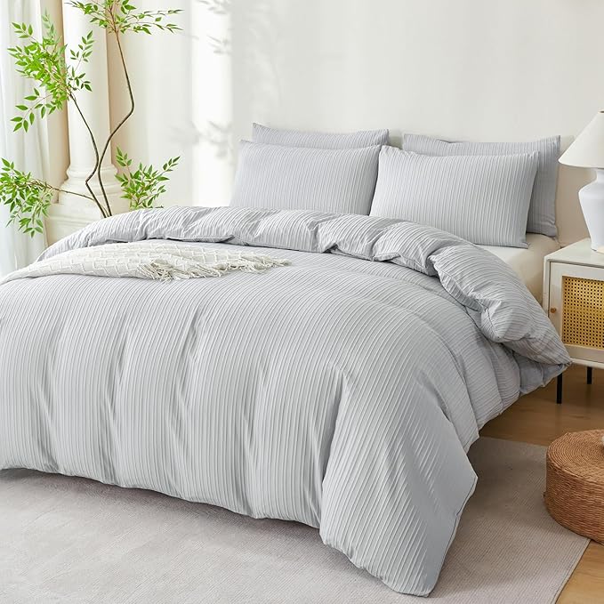 Comforter Set Queen Light Grey Striped Washed Microfiber 3 Pieces Jacquard Bedding, Grey Vertical Ticking Stripes Comforter with 2 Pillowcases, Luxury Soft Breathable Durable Comfy