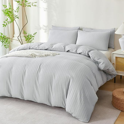 Comforter Set Queen Light Grey Striped Washed Microfiber 3 Pieces Jacquard Bedding, Grey Vertical Ticking Stripes Comforter with 2 Pillowcases, Luxury Soft Breathable Durable Comfy