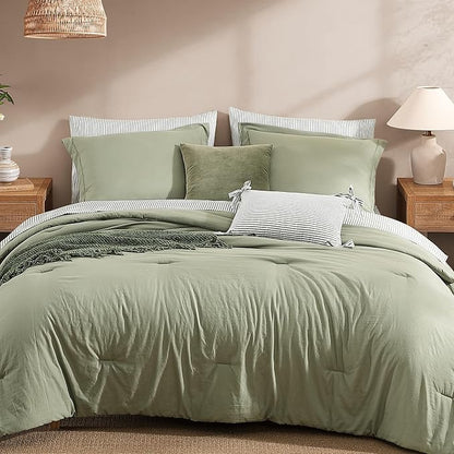 Monbix California King Size Comforter Set - 7 Pieces Green Prewashed Bed in a Bag Bedding Sets with Comforters, All Seasons Ultra Soft Comforter Bed Set with Sheets, Pillowcases & Shams