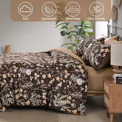 Yiran Brown Comforter Set Queen Size, 7 Piece Floral Comforter Bedding Set, Farmhouse Bed in a Bag, Soft Microfiber Complete Bedding Set with Sheets for All Season