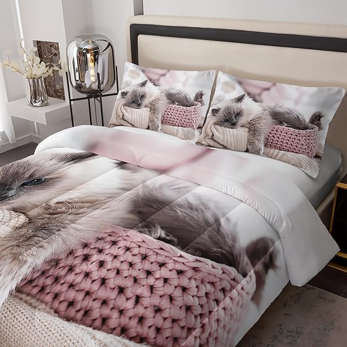 Queen Cat Comforter Set for Girls, Kawaii Queen Size Bedding, Cute Comforter Set for Teen Girls, Cat Room Decor
