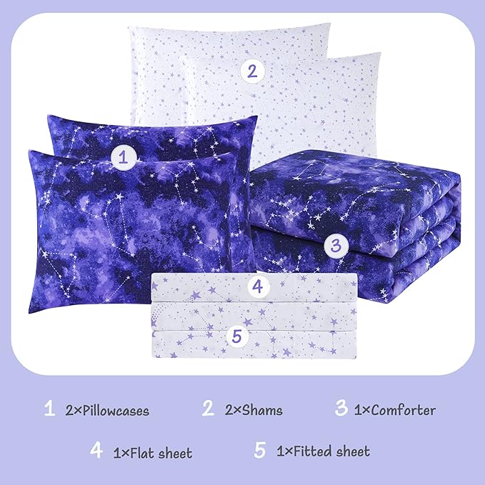 Twin Kids Comforter Set - 5 Pieces Twin Bedding Sets for Boys Girls Teen, Glow in The Dark Galaxy Bed in A Bag with Sheets