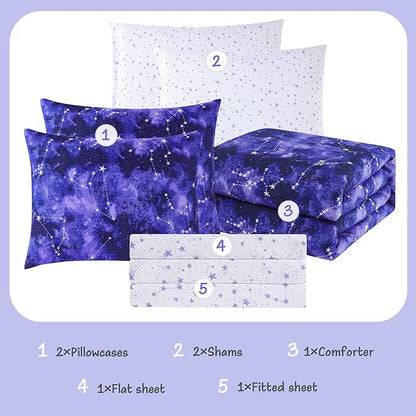 Full Kids Comforter Set - 7 Pieces Full Bedding Sets for Boys Girls Teen, Glow in The Dark Galaxy Bed in A Bag with Sheets