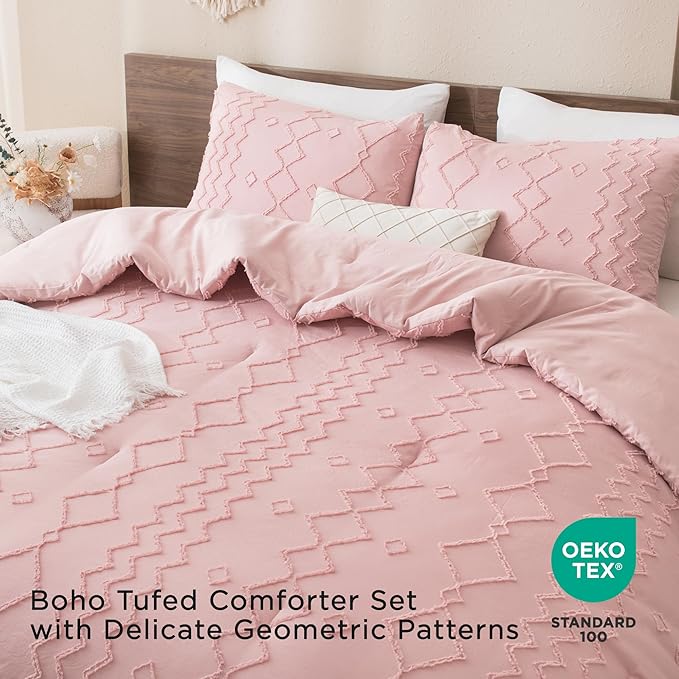 Andency Pink Tufted Comforter Set Queen(90x90Inch), 3 Pieces(1 Boho Comforter, 2 Pillowcases) Textured Farmhouse, Soft Microfiber Down Alternative Geometric Bedding Set