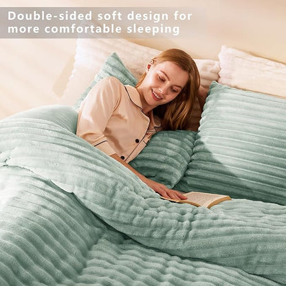 CozyLux Fluffy Queen Comforter Set - Super Soft Faux Fur Sage Green Comforter Queen Size, Winter Warm Fleece Bedding Set, 3 Pieces Plush Fuzzy Bed Set (1 Shaggy Comforter, 2 Pillowcases)