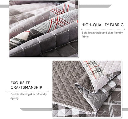 Travan Quilt Set 3-Piece Oversized Quilted Bedspread Coverlet Set Grey European British Grid Patchwork Bedding Set, King Size